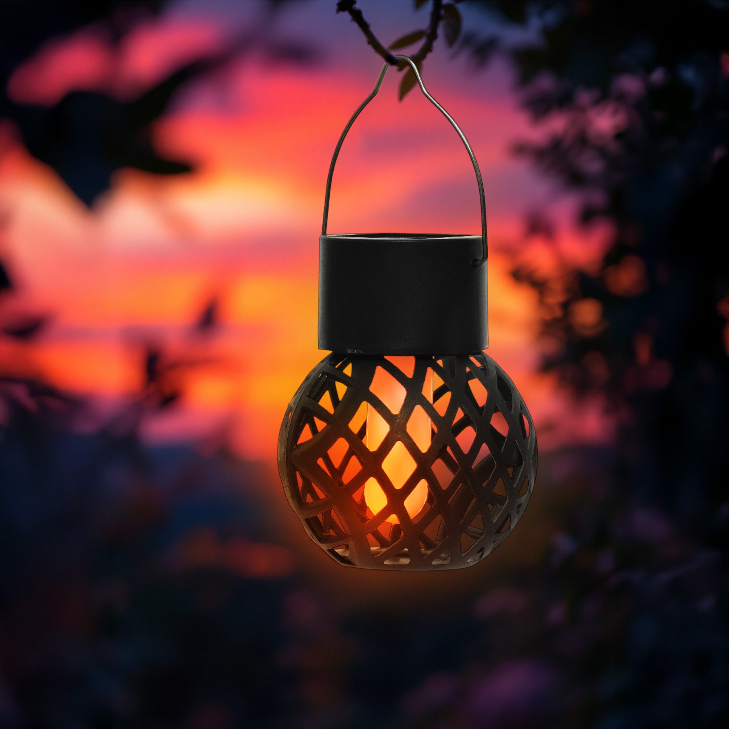 Spetebo LED Laterne Solar Mini Hängeleuchten 9 x 7 cm mit Flammeneffekt 6er Set, mit Metall-Bügel zum Aufhängen, LED fest integriert, orange (feuerfarben), Dämm – Bild 5 von 5