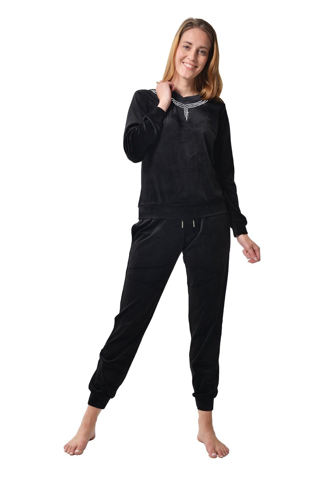 RAIKOU Hausanzug elegant Homewear Freizeitanzug Fitnessanzug (2-Teiliger Jogginganzug Trainingsanzug smartweiche Nicki, 2 tlg) am Ausschnitt mit hellem Stassstein