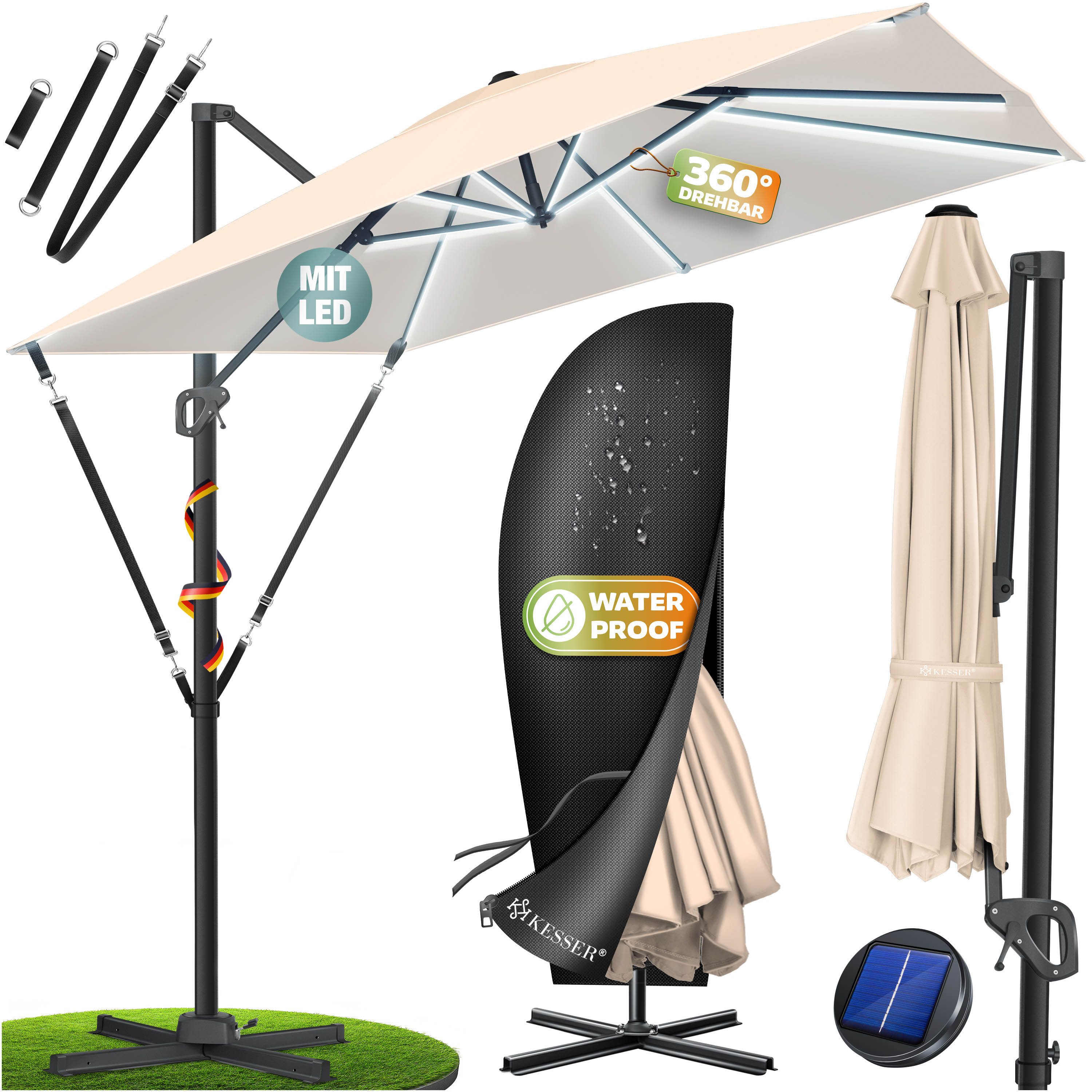 KESSER Ampelschirm, Sonnenschirm SUN XL 300 300 cm Inkl. Abdeckung 360° Drehbar & Neigbar
