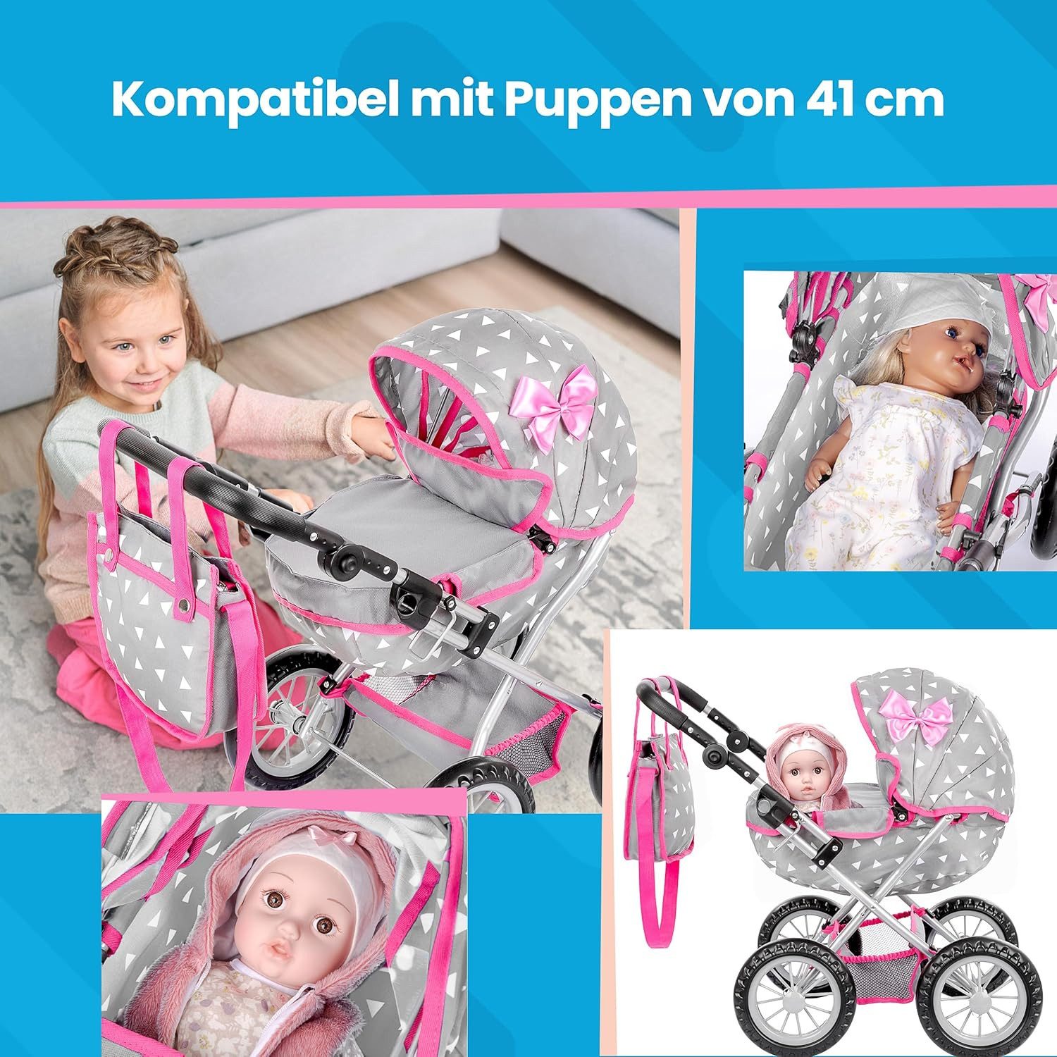 kinderplay Puppenwagen Puppenwagen mit Tasche – höhenverstellbar – Spielspaß ab 3 Jahren – fa – Bild 4 von 5
