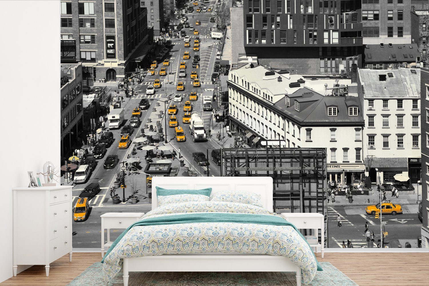 MuchoWow Fototapete Schwarz-Weiß-Luftaufnahme mit gelben Autos im Verkehr, Matt, bedruckt, (6 St), Wallpaper für Wohnzimmer, Schlafzimmer, Kinderzimmer, Vinyl Tapete