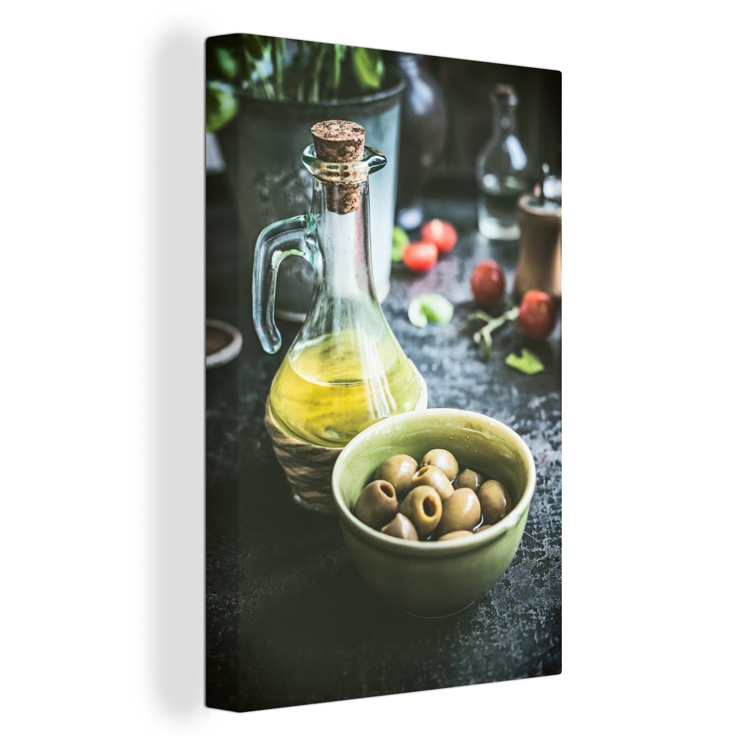 Oliven St), cm Zackenaufhänger, einer OneMillionCanvasses® mit Schale inkl. Glasflasche Leinwandbild fertig Öl, 20x30 bespannt Gemälde, und eine (1 in Leinwandbild