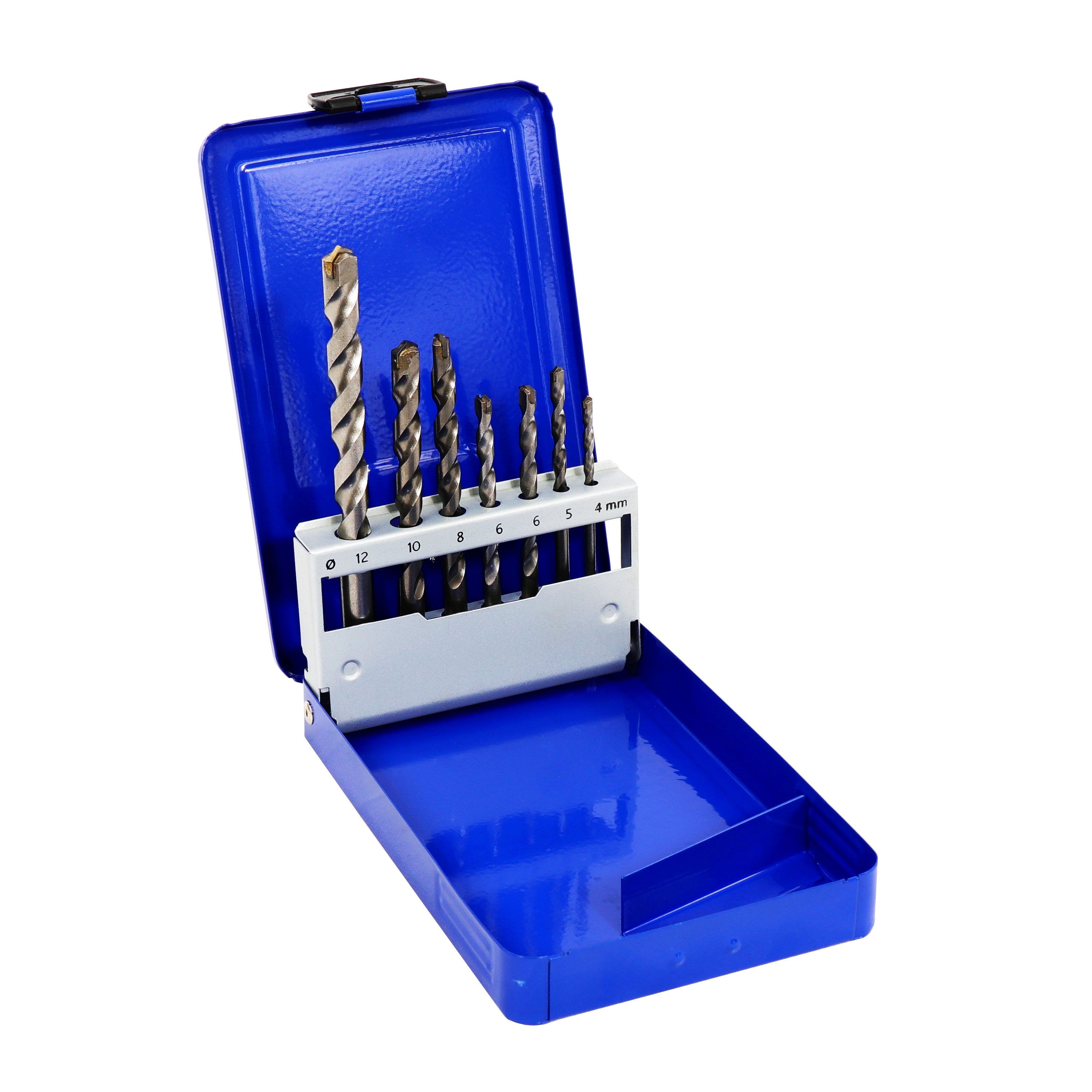 S&R Universalbohrer Professionelle Mehrzweckbohrer mit Hartmetallplatte und Zentrierspitze, (Set, 4x75, 5x85, 6x100, 6x100, 8x120, 10x120, 12x160 mm), in Metallbox für verschiedene, insbesondere mehrschichtige Materialien