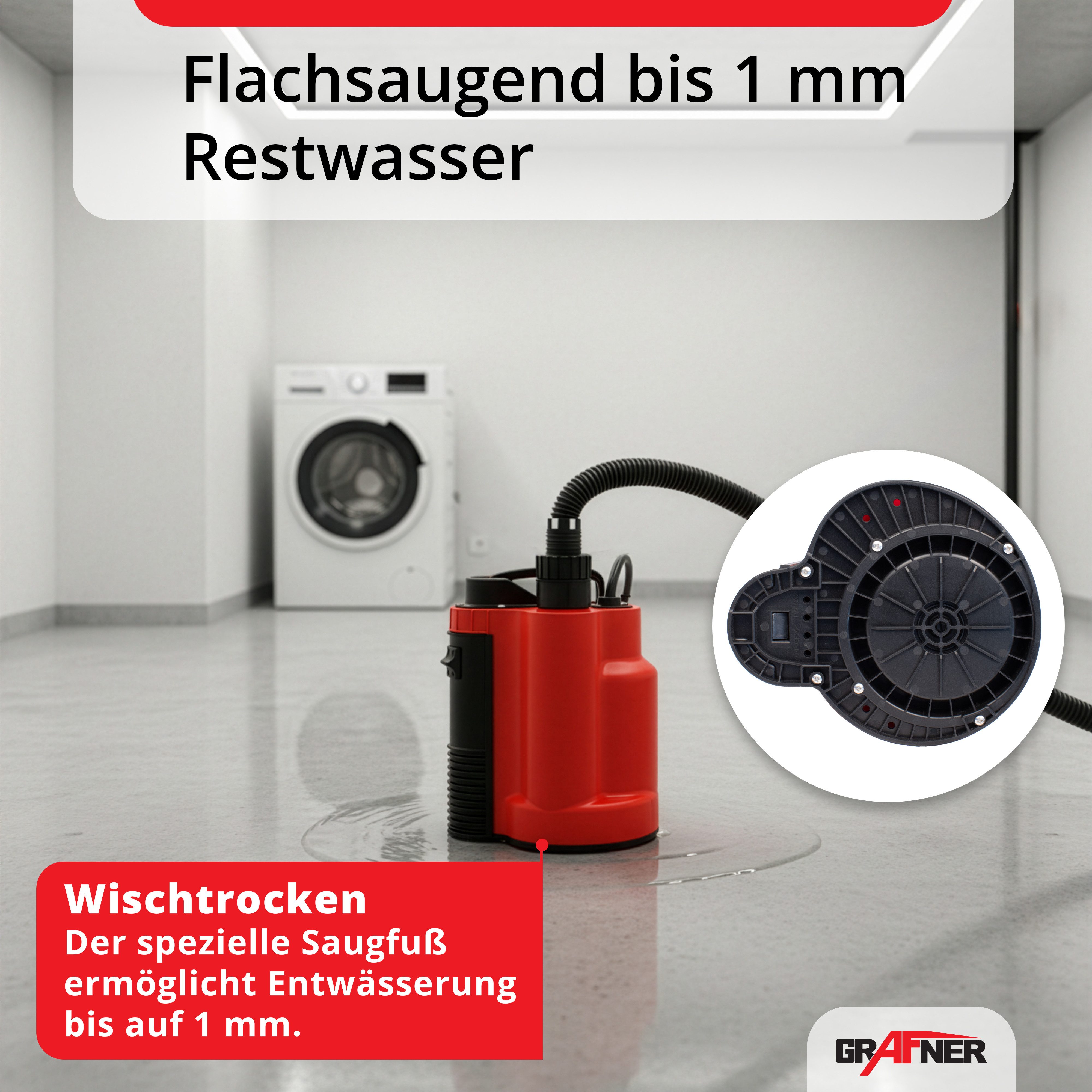 Grafner Tauchpumpe Flachsaugerpumpe integrierter Schwimmschalter Automatik 400W 6500L/h, 6500l/h maximale Fördermenge, flachsaugend, Rückschlagventil