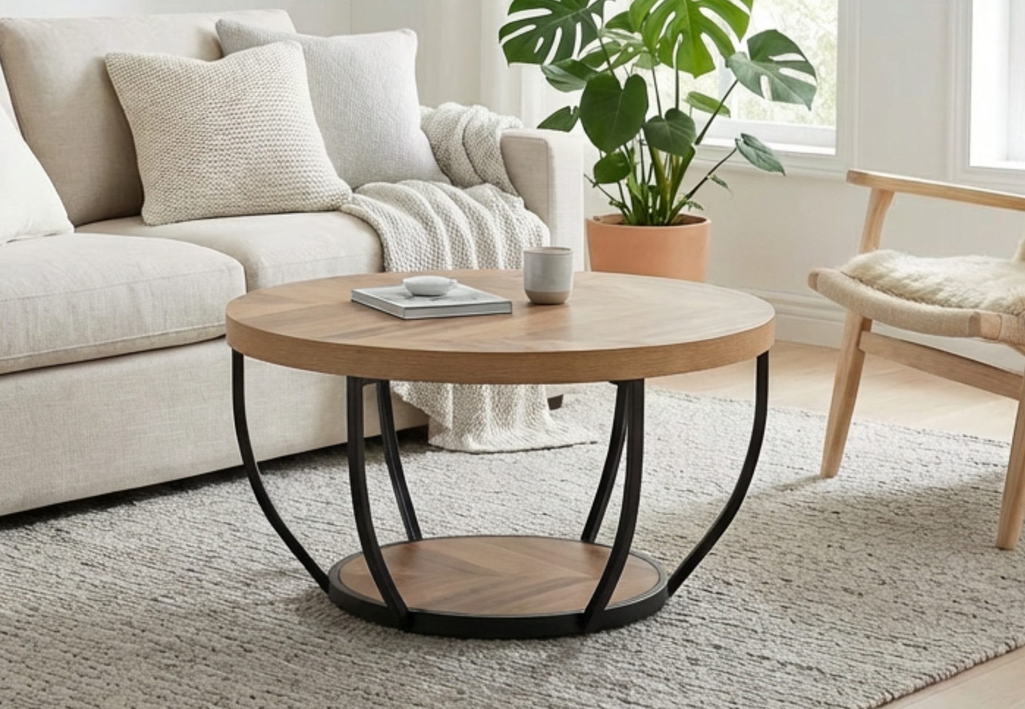 Home Collective Couchtisch Beistelltisch rund Ø 80 cm moderner Wohnzimmertisch mit 2 Ablagen (ideal als Büro Ablagetisch oder als Wohnzimmer Deko), hochwertiges Design mit Metallgestell, stabile Tischplatte, Eiche