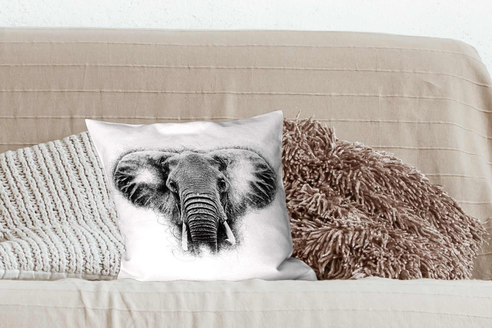 Dekokissen Wohzimmer, Weiß, MuchoWow Zierkissen Schlafzimmer, - für Deko, mit Schwarz - Tiere Sofakissen Elefant Füllung -