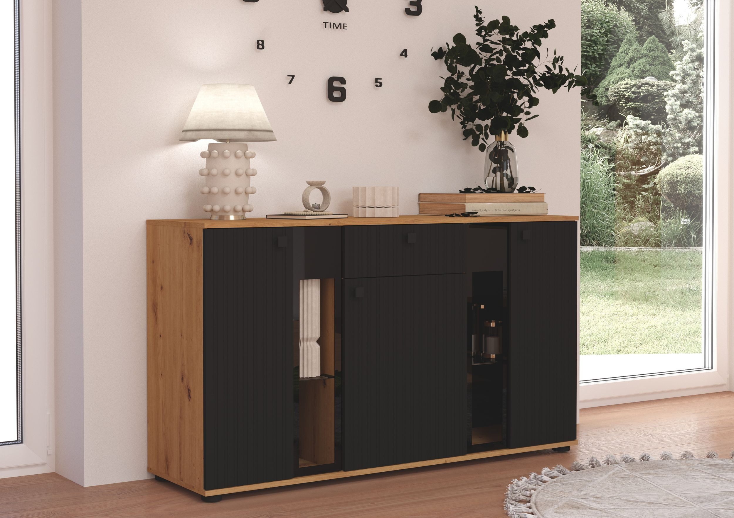 Küchen-Preisbombe Kommode Salsa 2 Lamellenoptik Anbauwand Wohnwand Sideboard MDF Schwarz Artisan