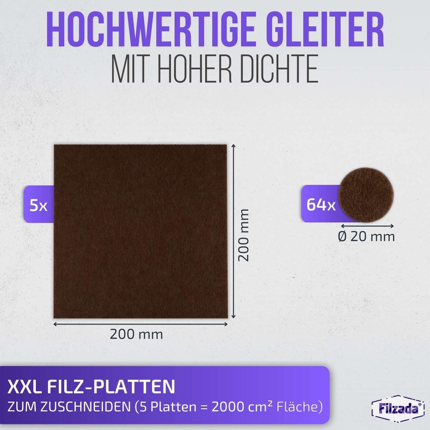 Filzada Filzgleiter Filzgleiter Selbstklebend Möbelgleiter Ø20mm 200x200mm Platten Set & Braun