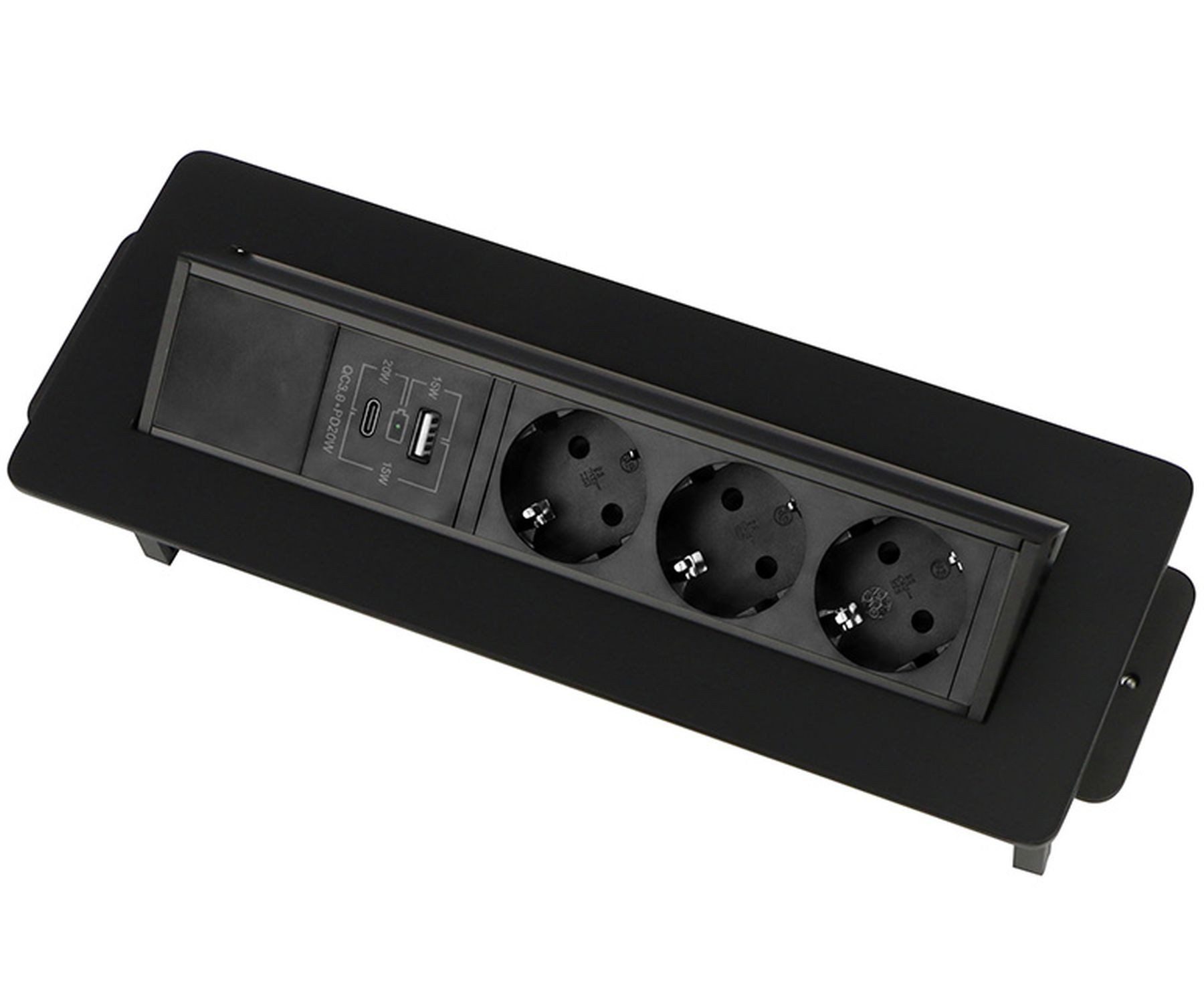 Designlight Einbausteckdose Typ F Büro USB A/C Schwarz versenkbar 5-fach Steckdose Einbau-Tischsteckdose (Kabellänge 1.50 m)
