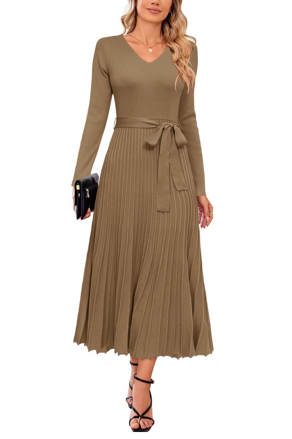 Arach&Cloz Strickkleid Damen Pulloverkleid Herbst Winterkleid Lang Plissee V-Ausschnitt Langarm Elegant Midi Kleider Winter