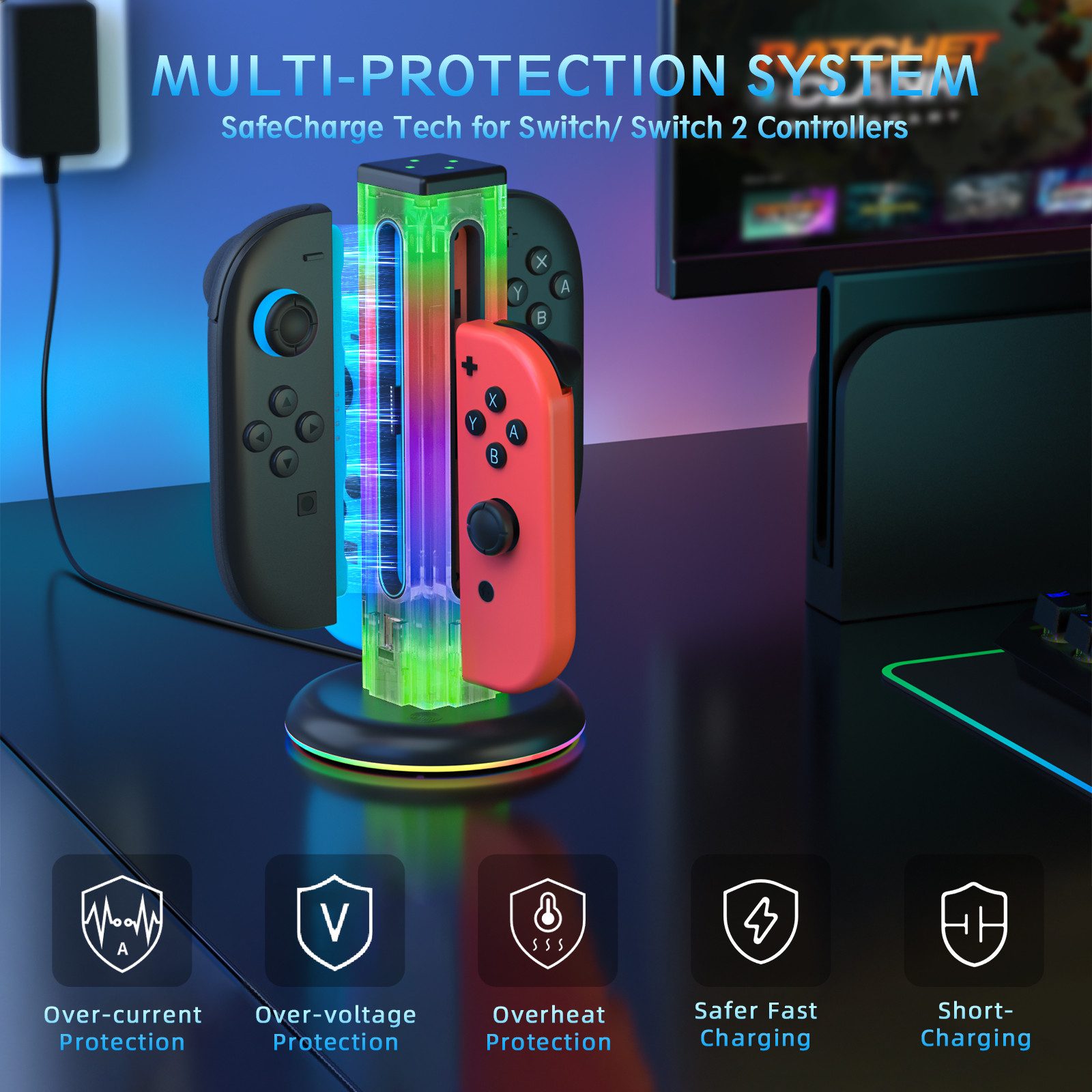 ibettertec Ladestation für Nintendo Switch 2 Joycon, 4-in-1 Joy-Con Controller Zubehör Nintendo (Magnetische Plug-in Joy-Con Ladegerät mit Ladekabel, RGB-Licht und individueller LED-Anzeige, Ladestation Zubehör Kompatibel mit JoyCons für Switch 2/Switch/OLED)
