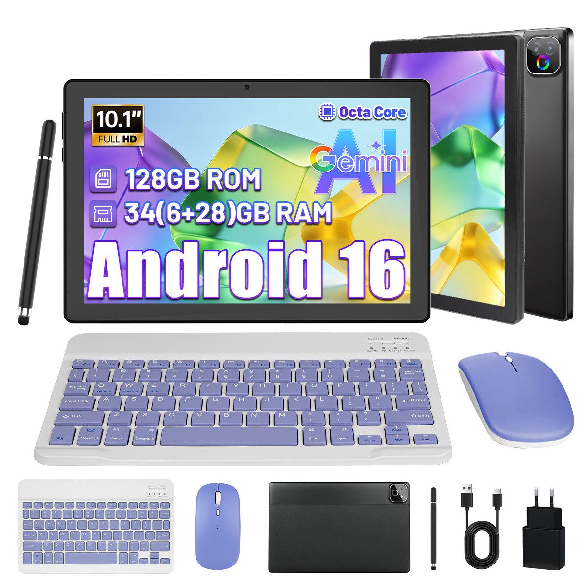 Happybe 10,1'' Octa-Core, 6000 mAh, HD 1280x800, 34GB/36GB RAM, 128GB/256GB Tablet (10.1", Android, Android 16, Gemini KI-Assistent, Widevine L1)