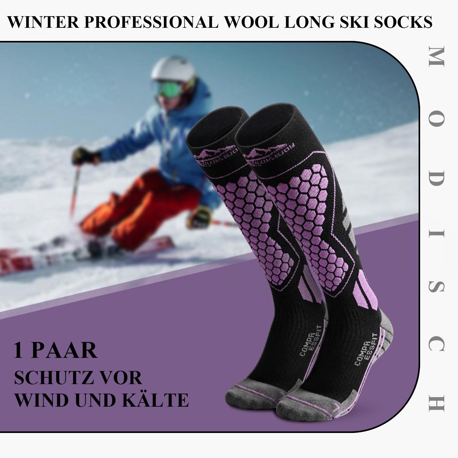 Lila Paar 1 Warm Skisocken Wool Sportsocken Daisred Wolle Dick Kompressionssocken