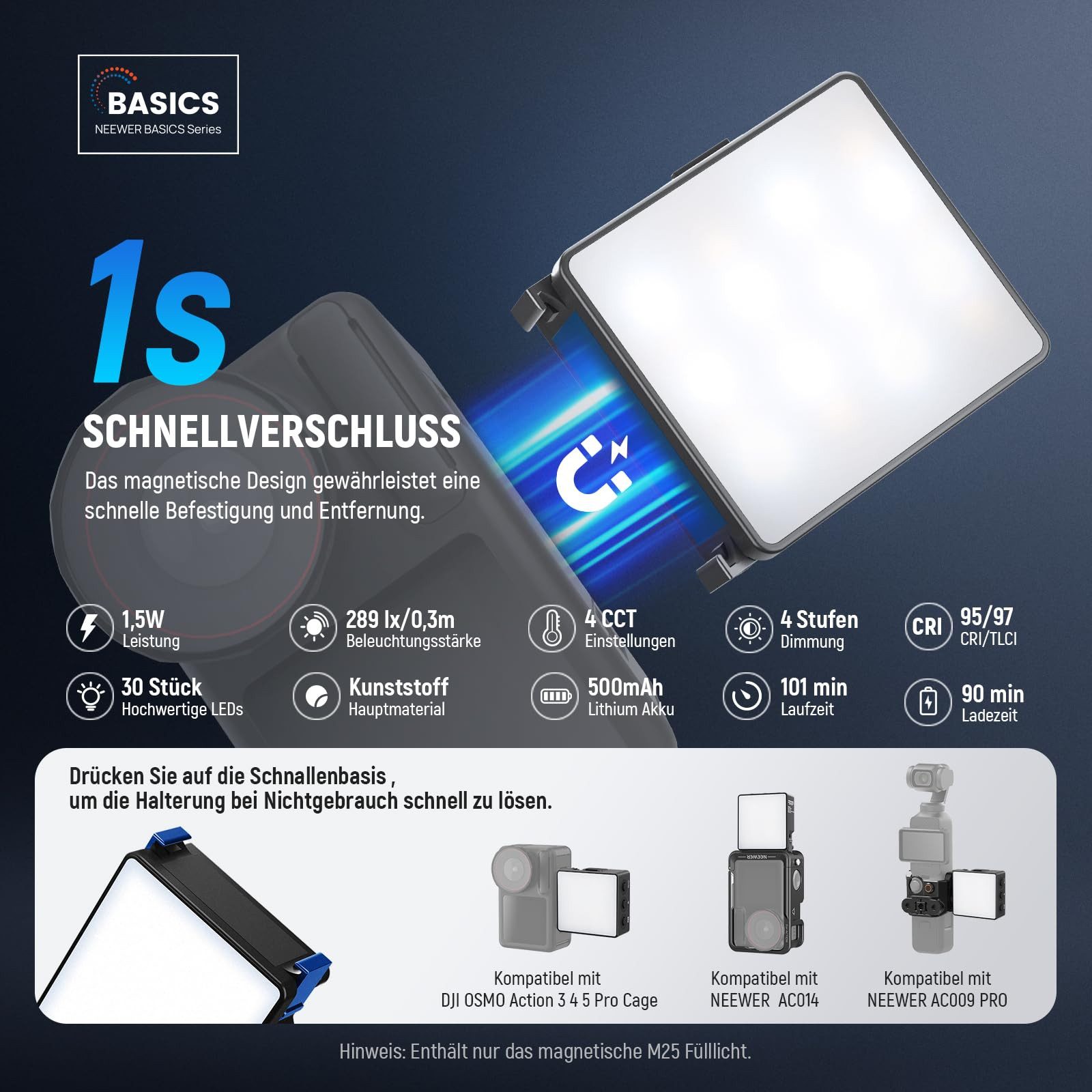 Neewer Videoleuchte M25 Zweifarbiges magnetisches LED Videolicht, 1,5W Fülllicht Aufsatz, für DJI OSMO NANO ACTION 3 4 5 Pro Cage AC009 PRO Pocket 3