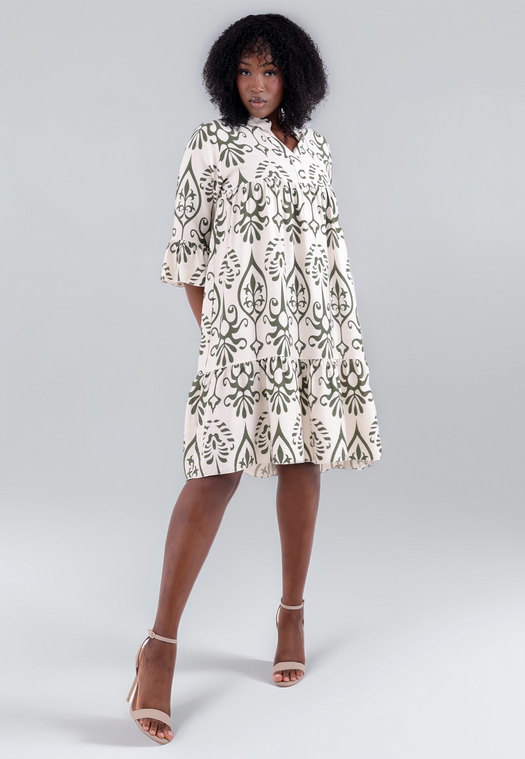 YC Fashion & Style Tunikakleid mit Ethno-Print und Volantärmeln – One Size Alloverdruck