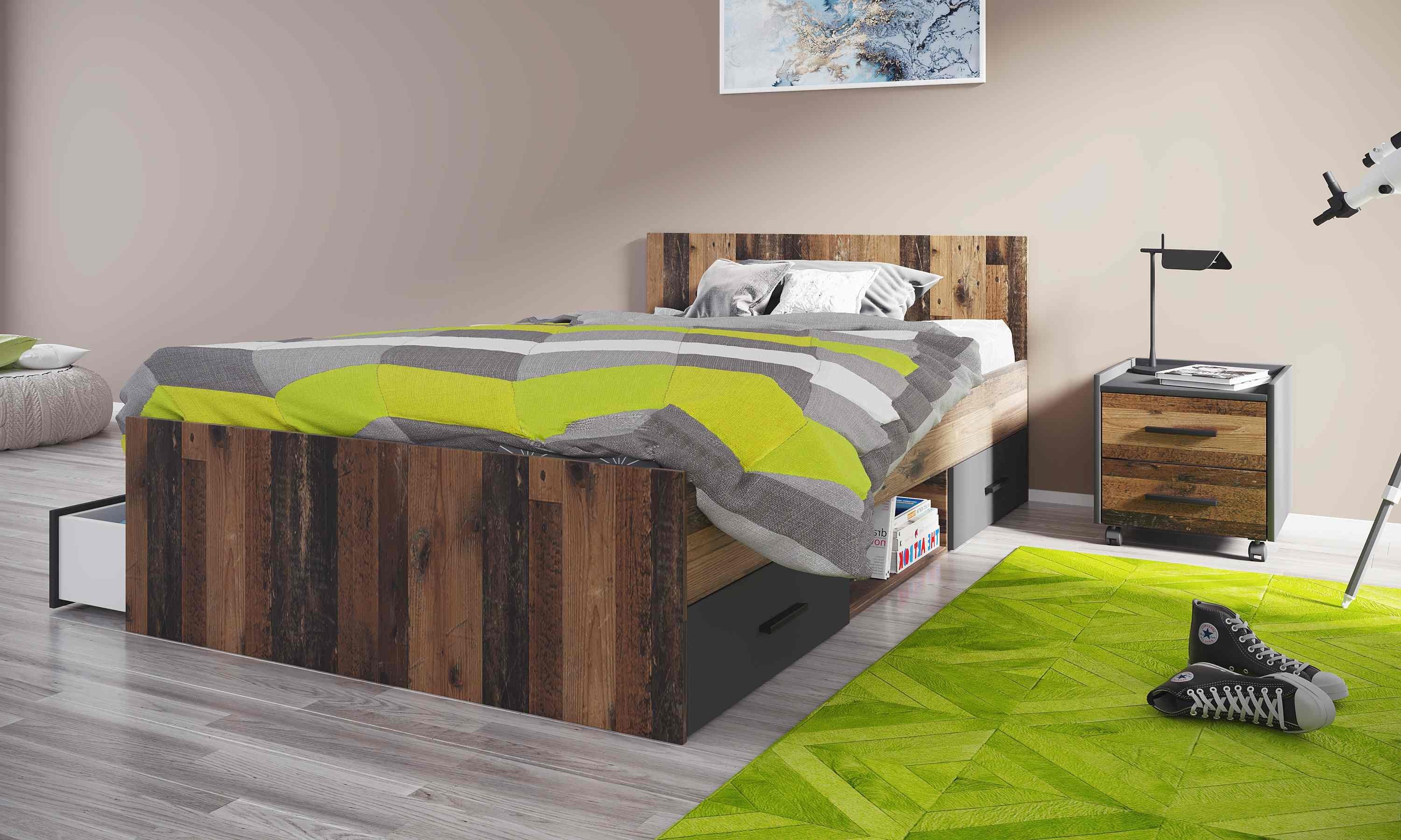 Home affaire Jugendzimmer-Set Nonjoo-Teen, (3-St), Industrial Style, 120er Bett mit viel Stauraum + Nachttisch