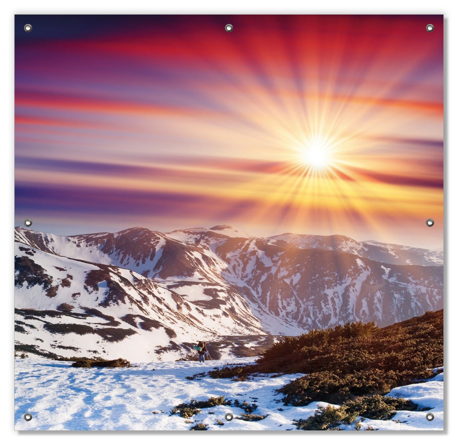blickdicht, Bergen, im Sonnenuntergang Farbenfroher Wallario, wiederverwendbar und in Sonnenschutz den mit Schnee wiederablösbar Winter - Saugnäpfen,