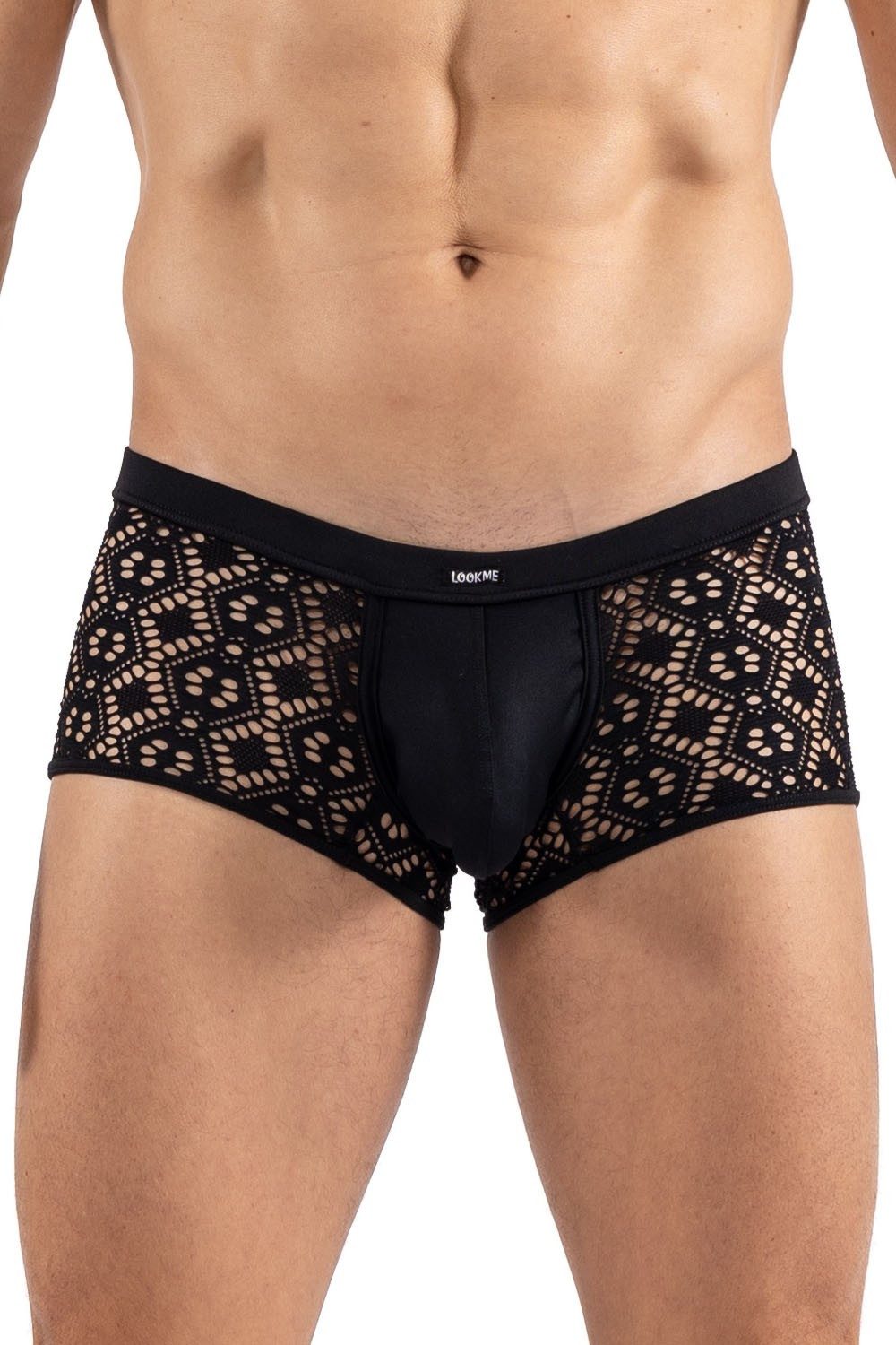 Slip Schwarzer Herren Boxer Shorts aus Netz mimt Stickerei halbtransparent