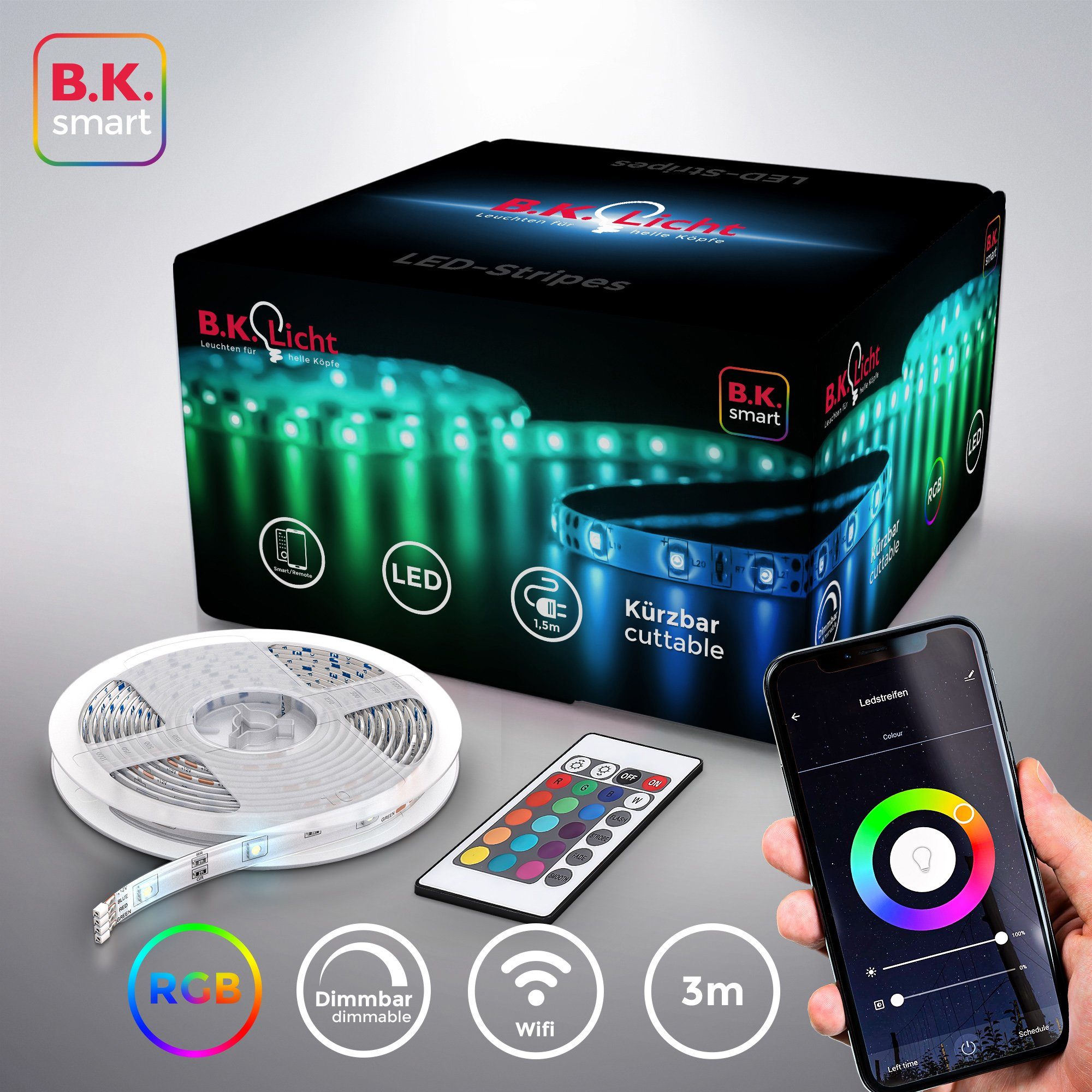 B.K.Licht LED-Streifen, 3m Smart Home LED Band/Stripes dimmbar mit WiFi  App-Steuerung