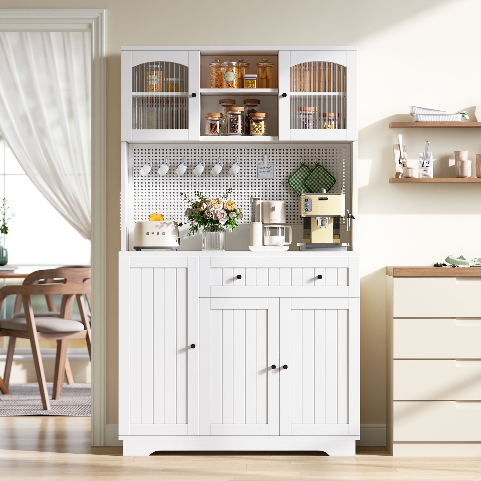 Merax Küchenbuffet Küchenschrank mit Vitrinentüren (1-St., Hochschrank Buffetschrank mit Schublade) mit verstellbaren Einlegeböden, …
