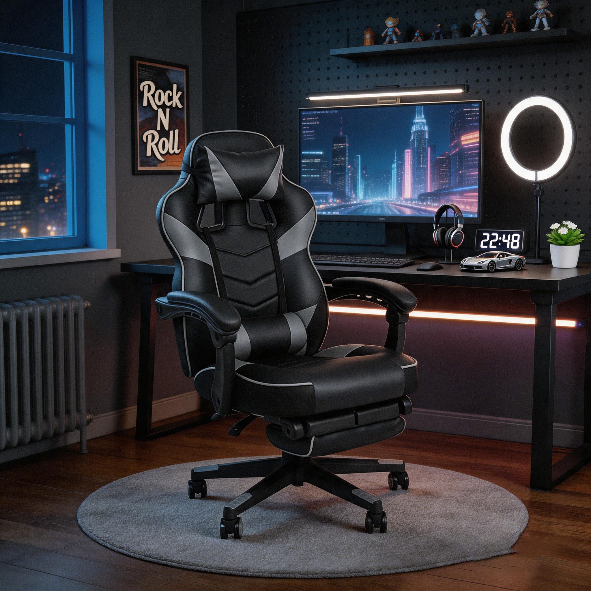 Puluomis Gaming-Stuhl mit Fußstütze 150kg, Bürostuhl Ergonomisch Chefsessel Racing Stuhl