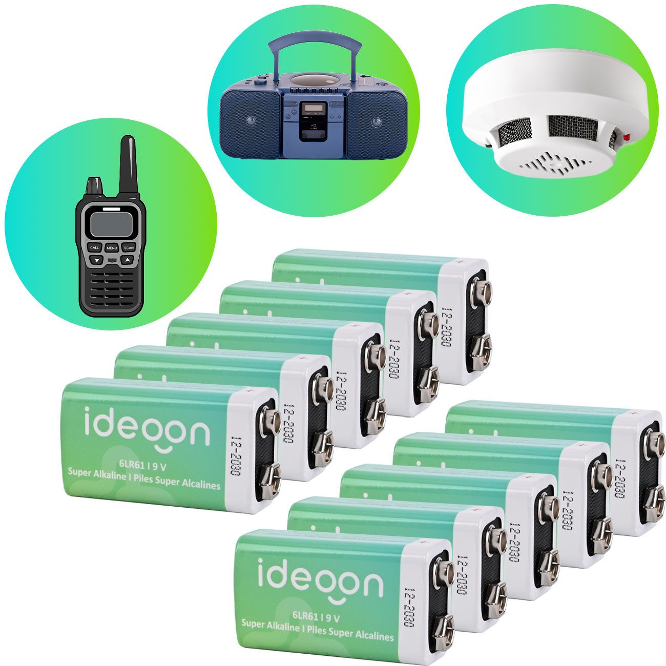 shop'n smile ideoon Hochwertige 9V-Block Batterie - 6LR61 Alkaline 9 Volt Batterie, (10 St), für Rauchmelder, Messgeräte und Spielzeug