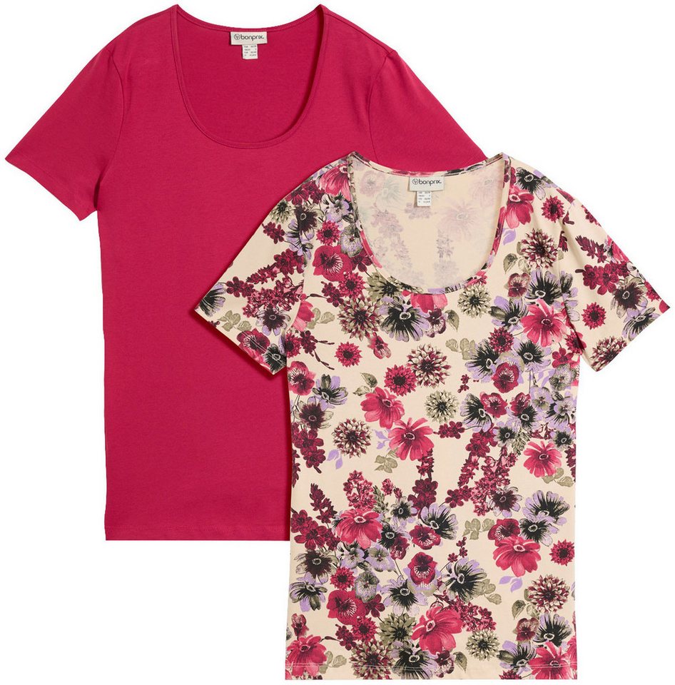 bonprix T-Shirt (Packung, 2-tlg) schmale Passform, Kurzarm, 1x uni und 1x bedruckt