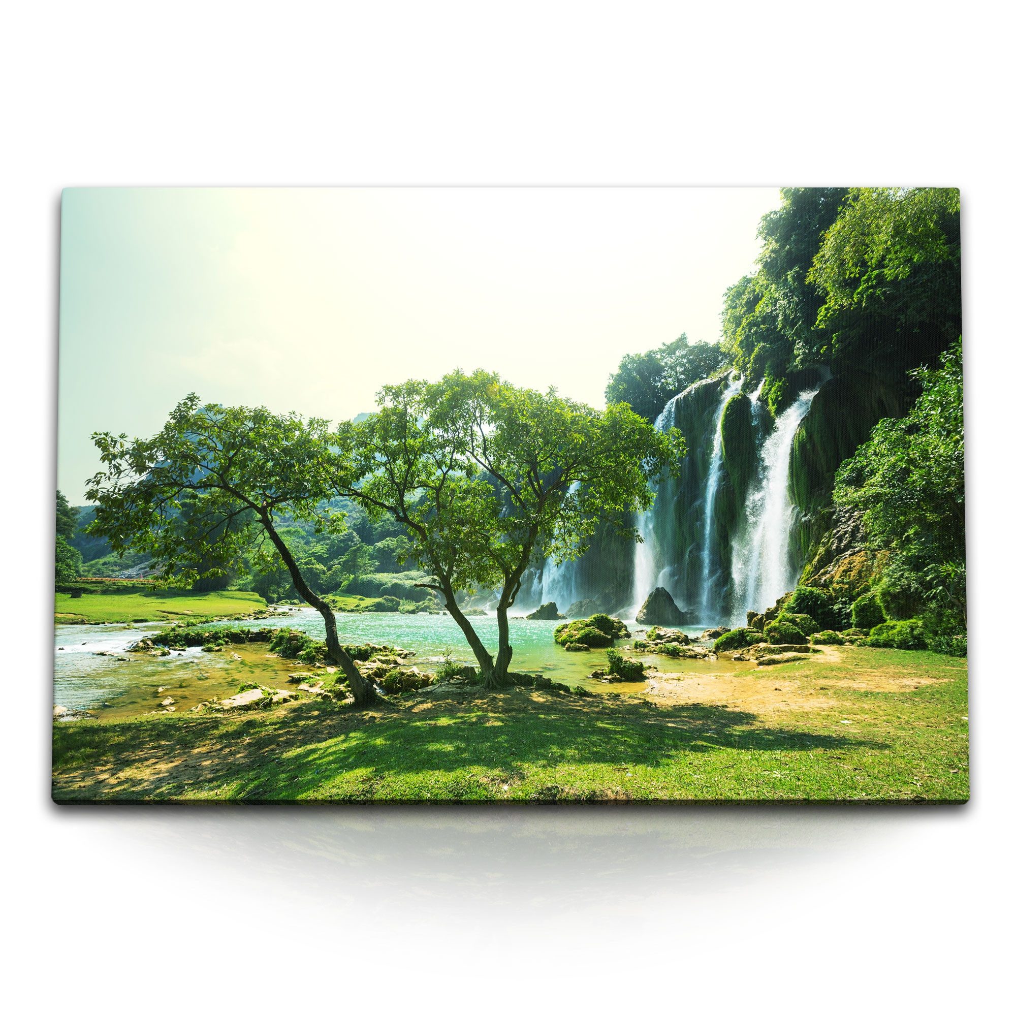 Leinwandbild 120x80cm Wandbild auf Leinwand Wasserfälle Vietnam Natur Grün Bäume Ex