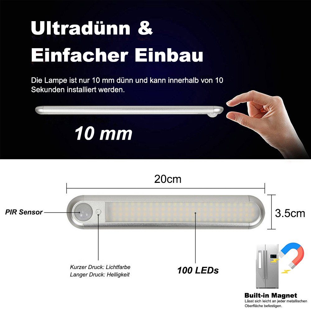 MUPOO LED Lichtleiste LED-Unterbauleuchte, Magnetisch, Wiederaufladbar, Bewegungsmelder, Dimmbar, Memory-Funktion Kaltweiß, Warmweiß, Naturweiß, für Unterbauleuchte Küche Schlafzimmer Kleiderschrank