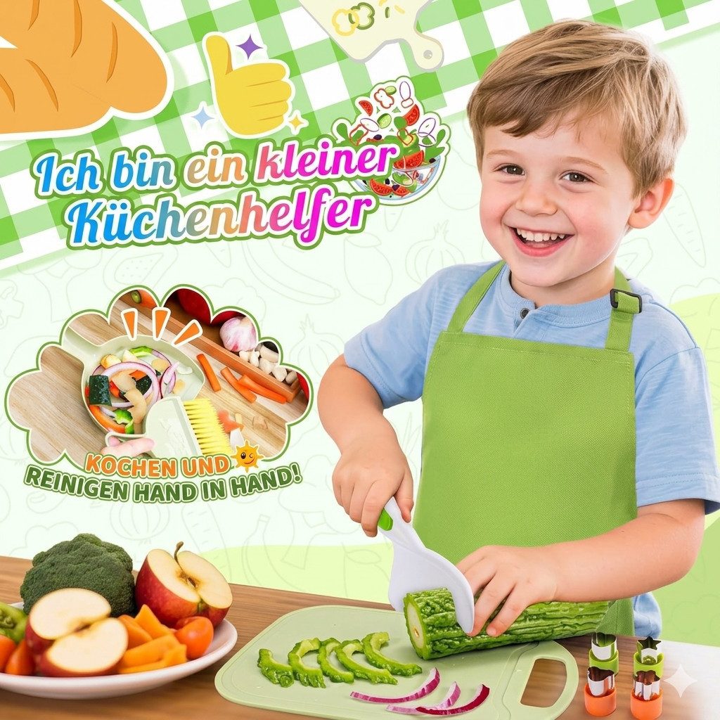 JoltJive Kinderkochmesser Kinderküchen Messer Set 44-teilig Montessori Lernset Zubehör grün, Fördert Motorik Kreativität Selbstständigkeit im Montessori Lernspiel