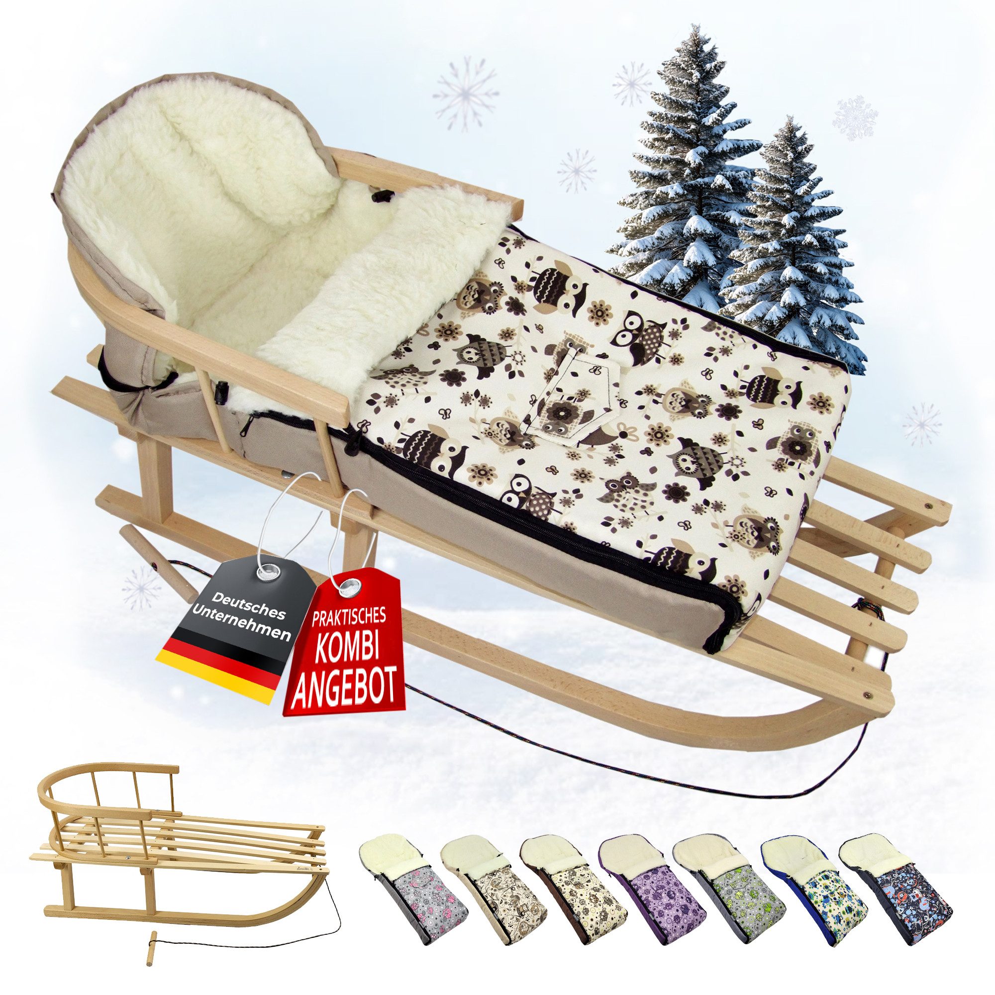 BambiniWelt by Rafael K. Davoser Schlitten CE-HOLZSCHLITTEN mit Rückenlehne Leine + WINTERFUßSACK Wolle 90cm EULE, Kombi-Angebot