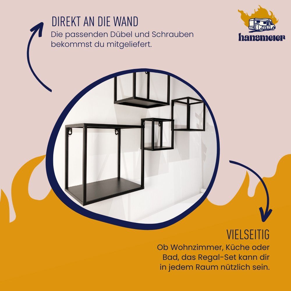 Hansmeier Wandregal Wandregal aus Metall - Metallregal - Schwarz - Schweberegal, 4-tlg., Aufhängung integriert