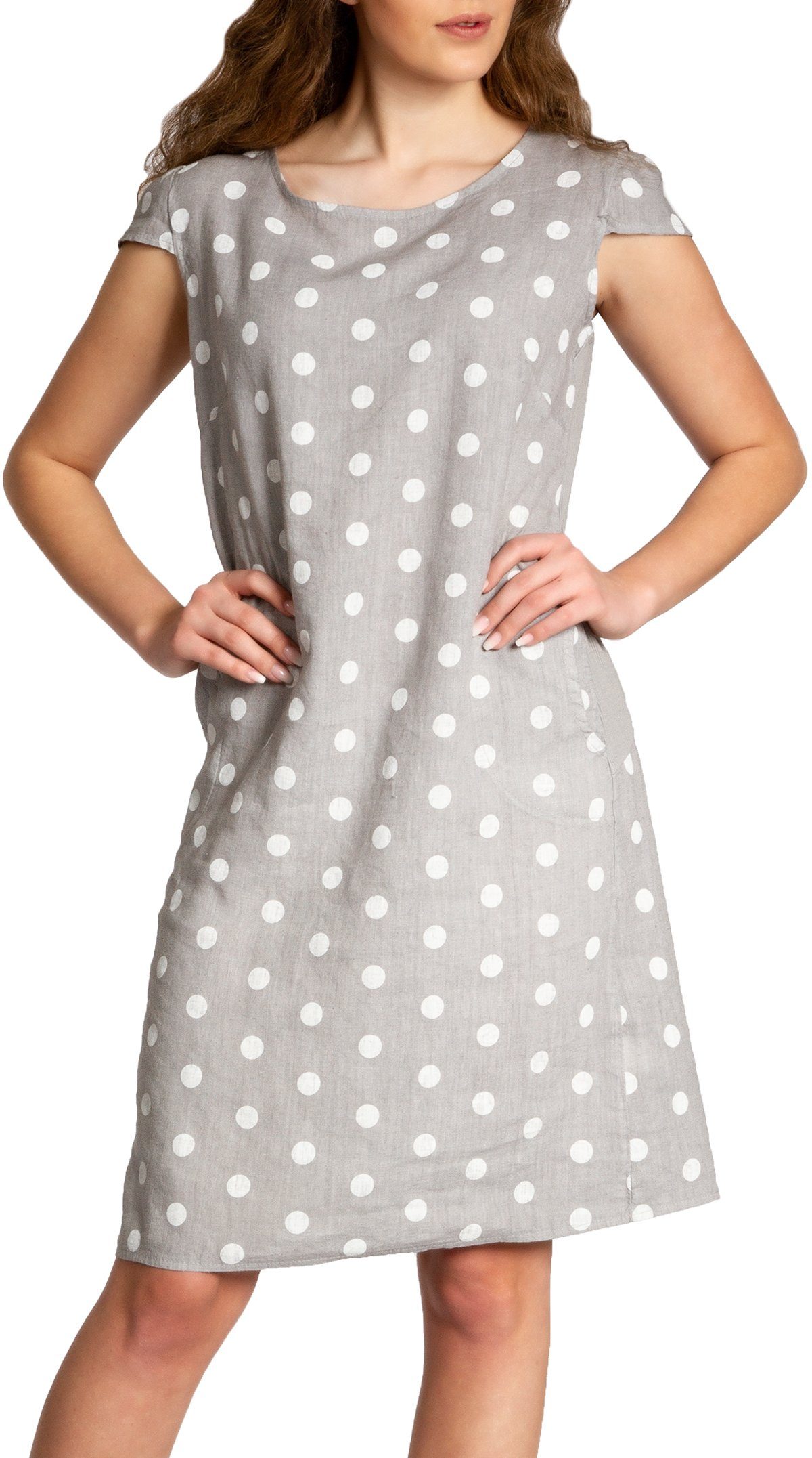 Sommerkleid SKL024 knielanges Damen Sommer Leinenkleid mit Punkte Print
