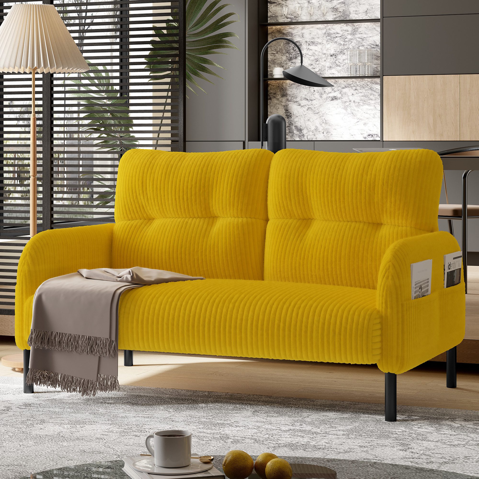 BlingBin Sofa 2-Sitzer Sofa Polstersofa Loungesofa, mit Armlehnen,Hohe Rückenlehne, Seitentaschen und Metallfüße 1 Teile, Cordstoff, für Homeoffice-Lounges, 120x75x79 cm