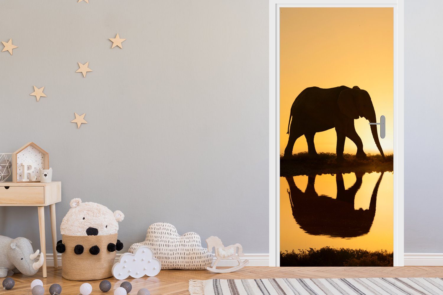 MuchoWow Türtapete Silhouette St), Elefanten Sonnenuntergang, Tür, für bedruckt, cm Fototapete Matt, (1 bei 75x205 Türaufkleber, eines