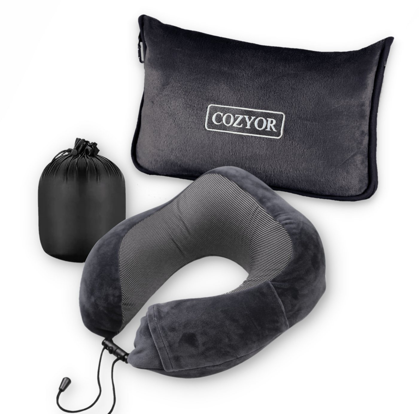 Cozyor Nackenstützkissen Memory Nackenkissen mit verstellbarem Verschluss + praktischer Tasche, Bezug: waschbarer Bezug, Set, Reise-Set mit Reisedecke & Nackenkissen wahlweise mit Augenmaske