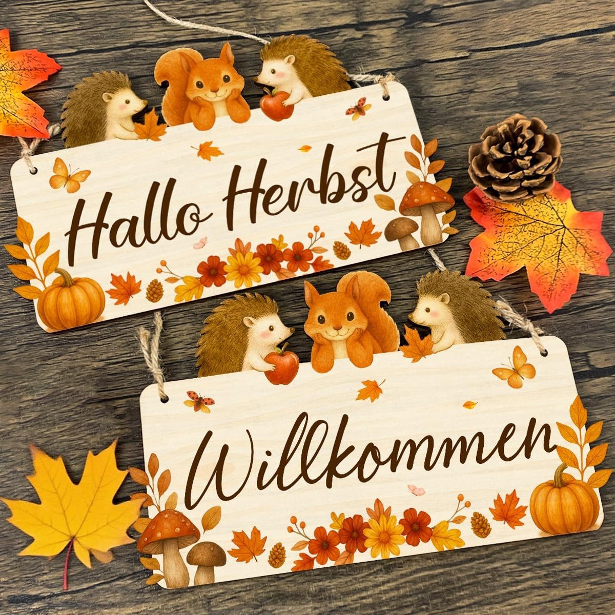 FOUORTUNATE-BEE Hängedekoration Herbst-Türdeko, Holzschild Herzlich Willkommen (beidseitig mit Willkommen & Hallo Herbst, Herbstdekoration für das Erntedankfest – Bild 2 von 5