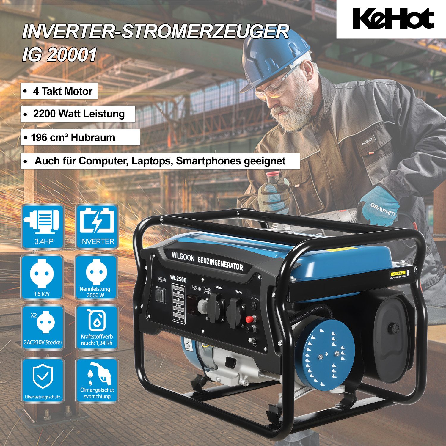 oyajia Stromerzeuger 4-Takt 7.0 HP 2200W BS2500 Stromerzeuger Generator, 2,2 in kW, (Komplett-Set), Benzin Generator Stromerzeuger 230V Steckdose