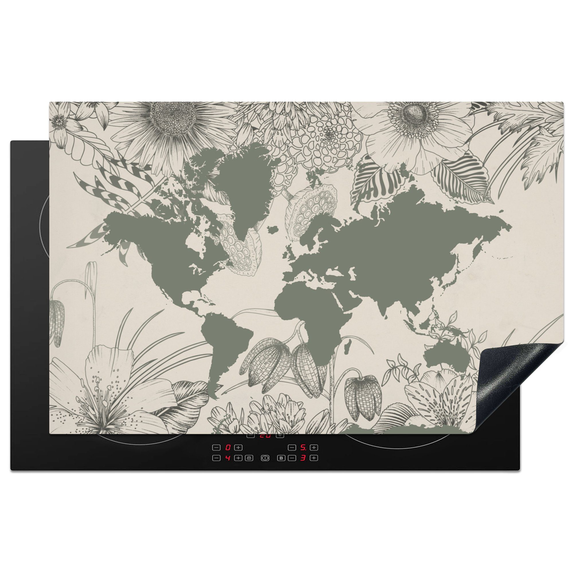 MuchoWow Herdblende-/Abdeckplatte Weltkarte - Grau - Blumen, Vinyl, (1 tlg), 81x52 cm, Induktionskochfeld Schutz für die küche, Ceranfeldabdeckung