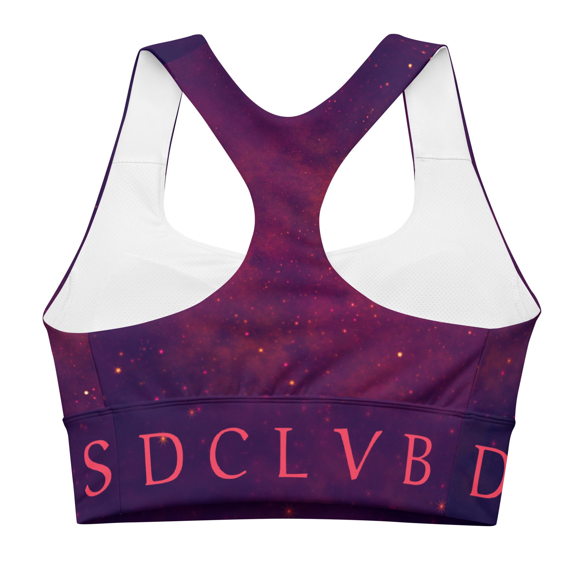 DECALVIBES Sport-BH Longline Sports Bra Purple Inferno Longline Design, starker Halt, herausnehmbare Pads, atmungsaktiv