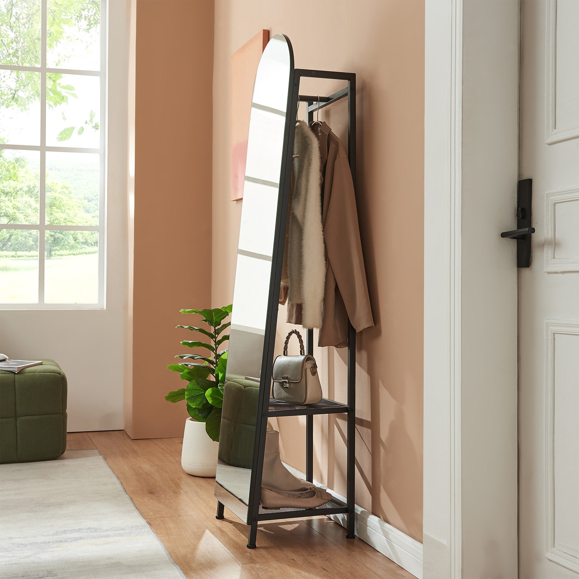 en.casa Ganzkörperspiegel, »Frenraby« mit Kleiderstange und Ablagen 165x40x35 cm Schwarz