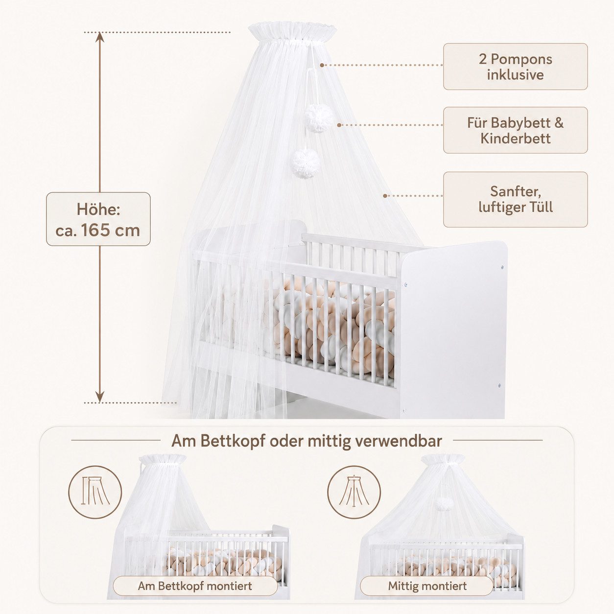 Baby Fancyroom Betthimmel Tüll Betthimmel für Babybett Babywiege Beistellbett Moskitonetz, 165cm lang, mit 2 Bommeln