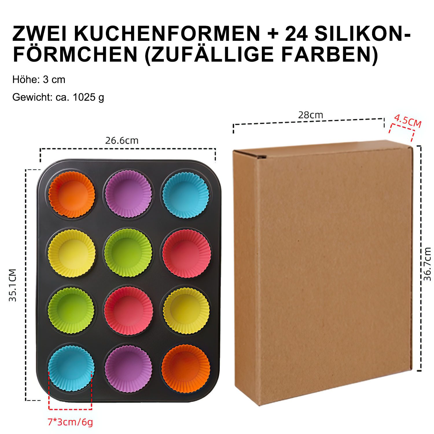 HEYHIPPO Muffinform Cupcake-Backform, antihaftbeschichtet, runde Kuchenform für 12 Tassen, (Set), Muffinform, 2er-Pack mit 24 Silikonförmchen, 25,4x 38,1cm,Karbonstahl