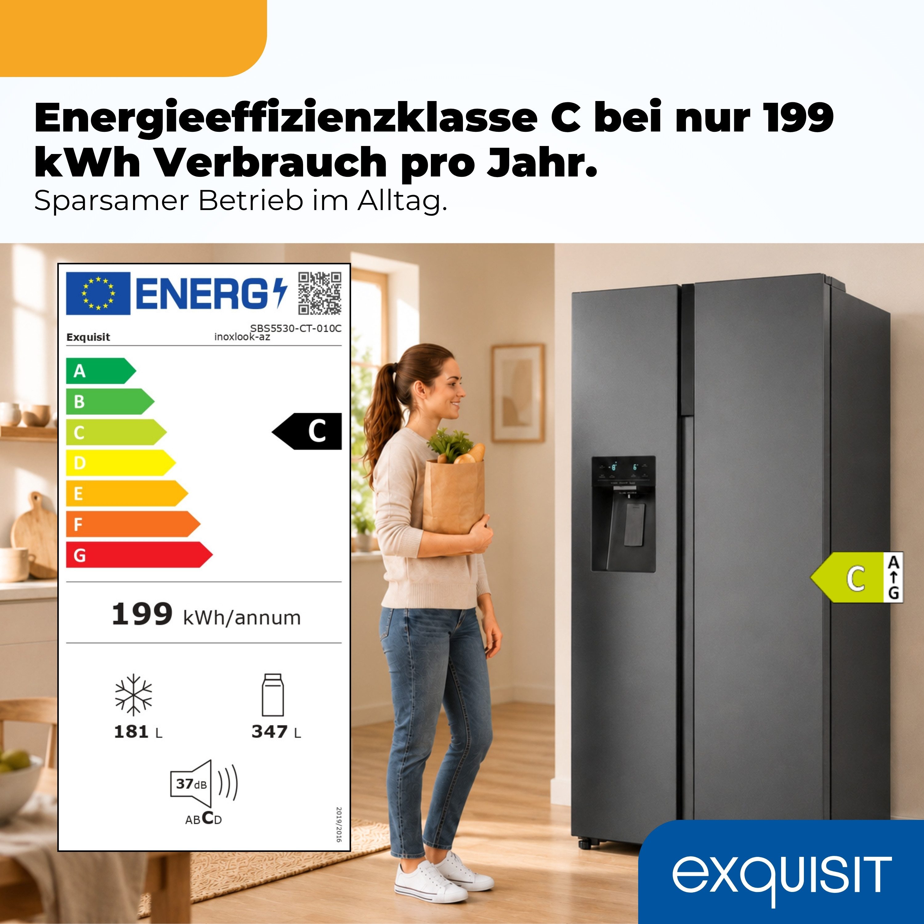 exquisit Side-by-Side SBS5530-CT-010C, 178,8 cm hoch, 91,1 cm breit, 528 l Nutzinhalt gesamt, 4 Sternefach, Energieklasse C, 37 dB