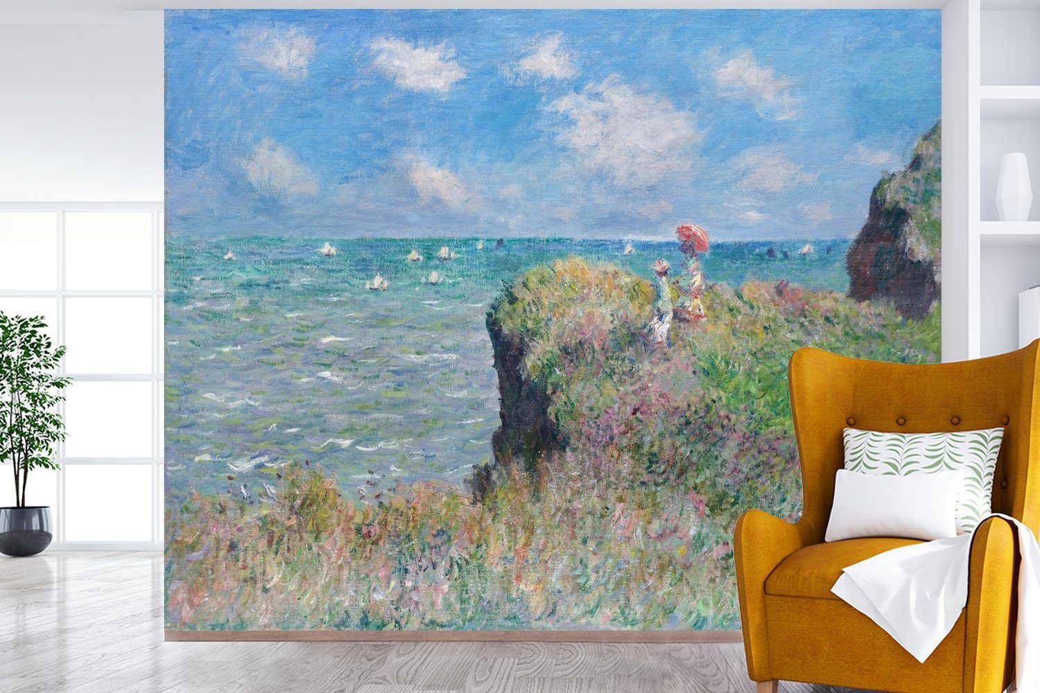 MuchoWow Fototapete Spaziergang auf der Vinyl in Monet, (5 Montagefertig bedruckt, Wandtapete Pourville Claude Klippe von Tapete - Wohnzimmer, St), für Gemälde Matt