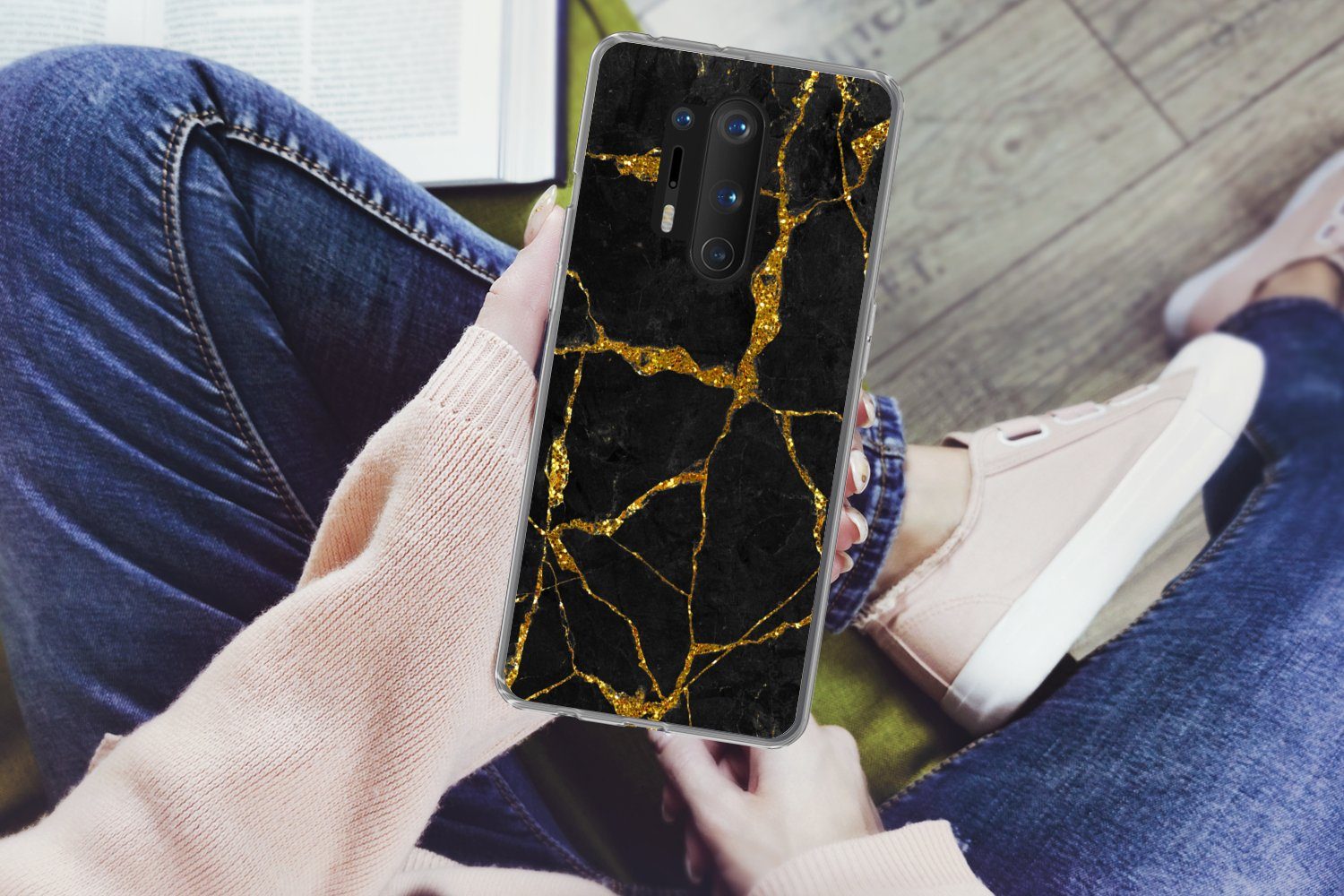 MuchoWow Handyhülle für OnePlus 8 Pro Marmor - Gold - Schwarz - Marmoroptik - Glitter, Phone Case, Silikon, Schutzhülle Dünn