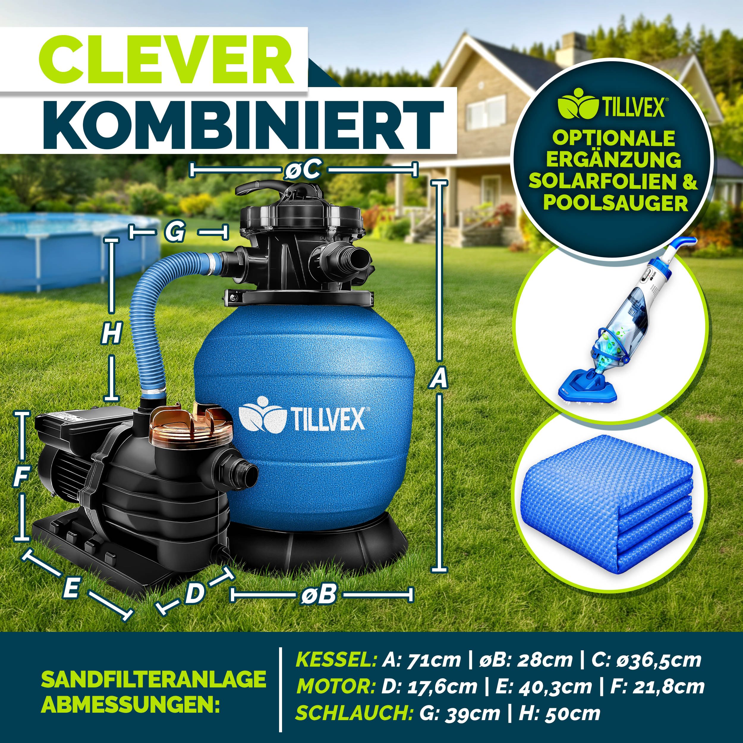 tillvex Sandfilteranlage tillvex Sandfilteranlage 13.200L/h mit 1200g Filterbällen + Pumpe (Poolfilter Selbstansaugend Sandfilter Schwimmbecken, Filteranlage 7-Wege Ventil & 2in1 Adapter Ø32-38mm), Pool 13.200L/h bis 40.000L + 1200g Filterbälle