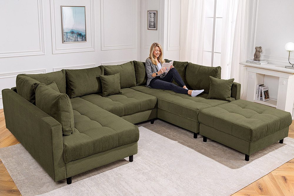 riess-ambiente Wohnlandschaft KENT 305cm grün/schwarz- inkl. Hocker & Kissen, Cord, Rundumbezug, FSC, Einzelartikel 1 Teile, XXL Couch in U-Form - ideal für große Wohnzimmer & Wohnbereiche