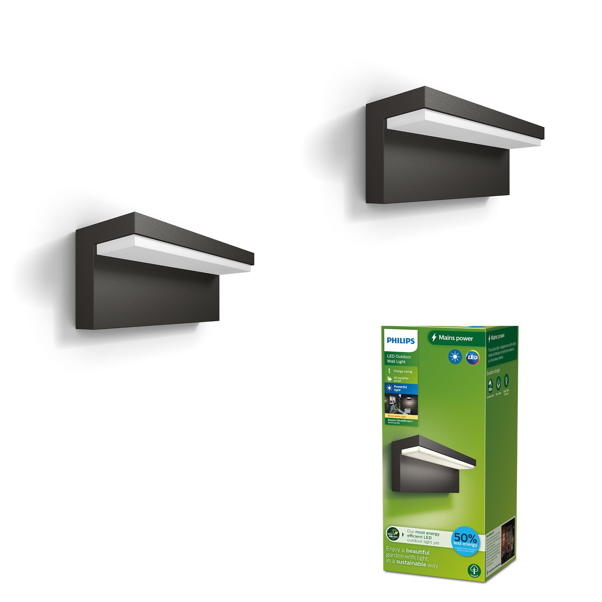 Philips LED Außen-Wandleuchte 2er Pack Outdoor Ultra-Efficient Bustan, LED fest integriert, Warmweiß, 2700 Kelvin, Anthrazit