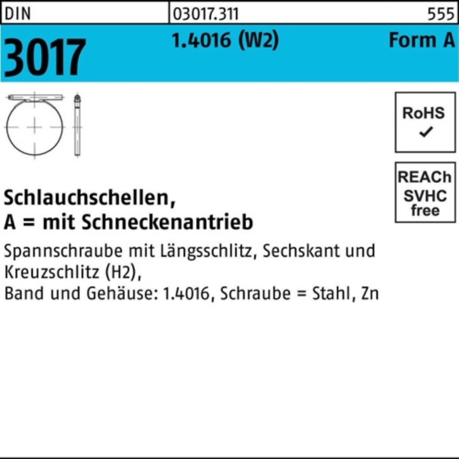 Reyher Schlauchschelle 100er Pack Schlauchschelle DIN 3017 W2 FormA 8- 16/9 C7 1.4016 galv.verz. 100St.DIN 3017 1.4016 (W2) Form A Schlauchschellen · mit Schneckenantrieb - Abmessung: 8- 16/ 9 C7 VE=S (100 Stück) Weitere technische Eigenschaften: · Typ: A · Durchmesser: 16 mm · Gruppencod